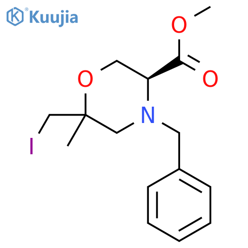 (3S)-6-(iodomethyl)-6-methyl-4-(phenylmethyl)-3-morpholinecarboxylic acid methyl ester structure