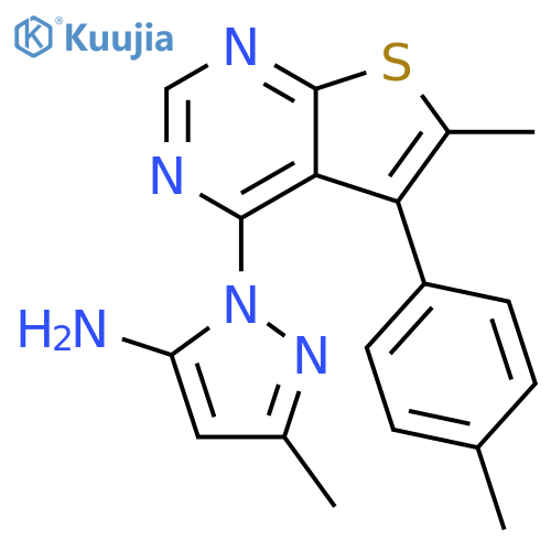 3-methyl-1-[6-methyl-5-(4-methylphenyl)thieno[2,3-d]pyrimidin-4-yl]-1H-pyrazol-5-amine structure