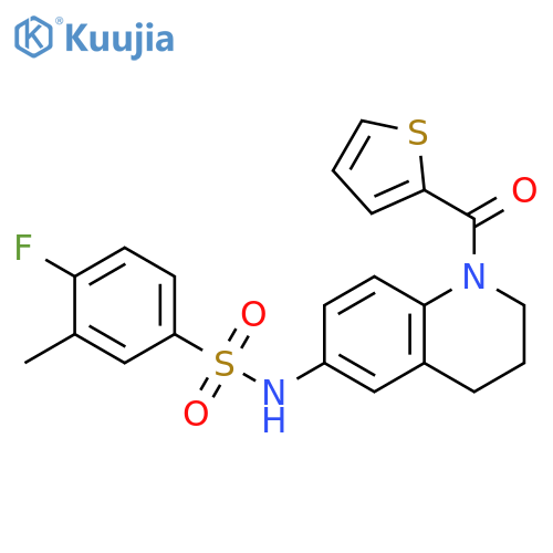 4-fluoro-3-methyl-N-[1-(thiophene-2-carbonyl)-1,2,3,4-tetrahydroquinolin-6-yl]benzene-1-sulfonamide structure