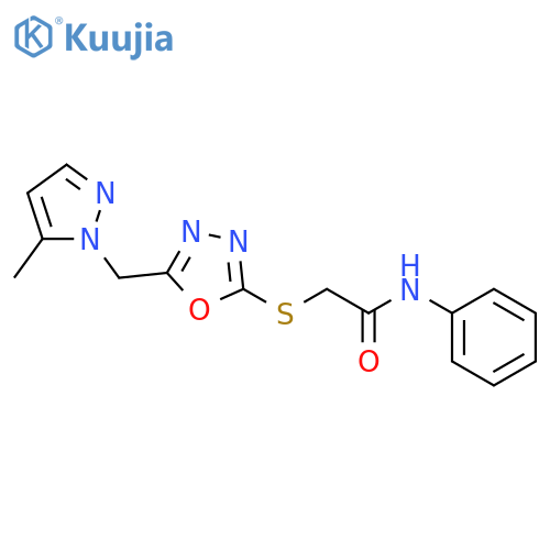 <br>2-({5-[(5-methyl-1H-pyrazol-1-yl)methyl]-1,3,4-oxadiazol-2-yl}sulfanyl)-N-p henylacetamide structure