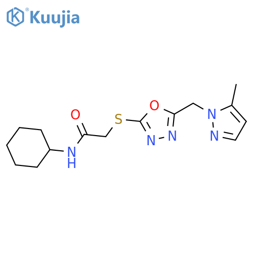 <br>N-Cyclohexyl-2-[5-(5-methyl-pyrazol-1-ylmethyl)-[1,3,4]oxadiazol-2-ylsulfan yl]-acetamide structure
