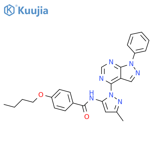4-butoxy-N-(3-methyl-1-{1-phenyl-1H-pyrazolo[3,4-d]pyrimidin-4-yl}-1H-pyrazol-5-yl)benzamide structure
