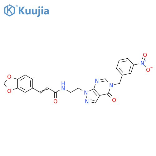(2Z)-3-(2H-1,3-benzodioxol-5-yl)-N-(2-{5-[(3-nitrophenyl)methyl]-4-oxo-1H,4H,5H-pyrazolo[3,4-d]pyrimidin-1-yl}ethyl)prop-2-enamide structure