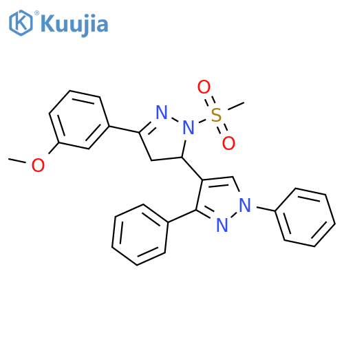 2-methanesulfonyl-5-(3-methoxyphenyl)-1',3'-diphenyl-3,4-dihydro-1'H,2H-3,4'-bipyrazole structure