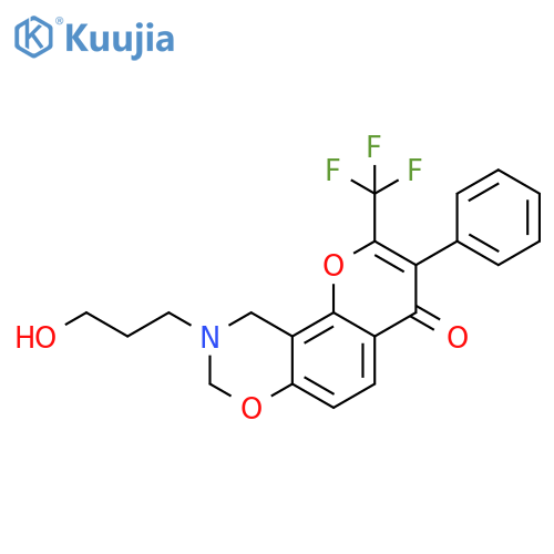 9-(3-hydroxypropyl)-3-phenyl-2-(trifluoromethyl)-4H,8H,9H,10H-chromeno[8,7-e][1,3]oxazin-4-one structure