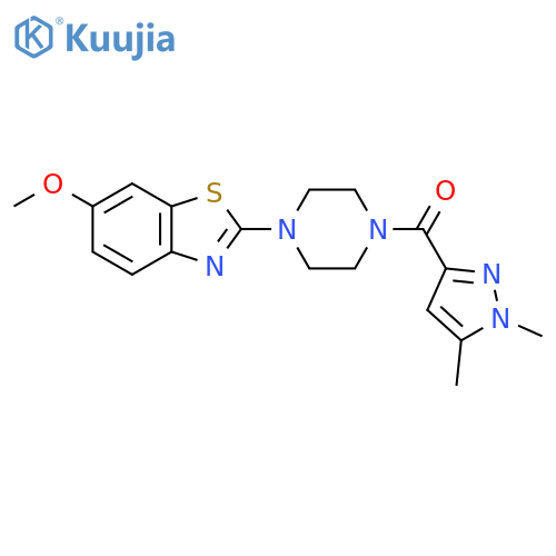 2-[4-(1,5-dimethyl-1H-pyrazole-3-carbonyl)piperazin-1-yl]-6-methoxy-1,3-benzothiazole structure