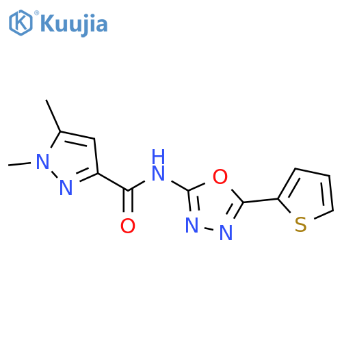 1,5-dimethyl-N-[5-(thiophen-2-yl)-1,3,4-oxadiazol-2-yl]-1H-pyrazole-3-carboxamide structure