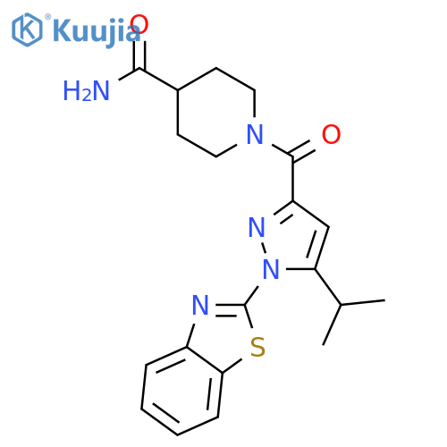 1-[1-(1,3-benzothiazol-2-yl)-5-(propan-2-yl)-1H-pyrazole-3-carbonyl]piperidine-4-carboxamide structure