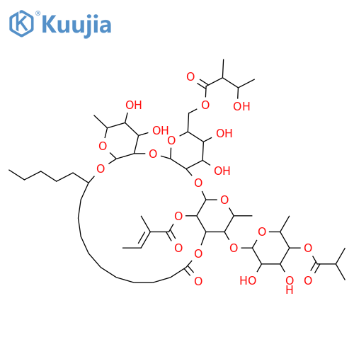 Hexadecanoic acid, 11-[[O-6-deoxy-4-O-(2-methyl-1-oxopropyl)-β-D-glucopyranosyl-(1→4)-O-6-deoxy-2-O-[(2E)-2-methyl-1-oxo-2-butenyl]-α-L-mannopyranosyl-(1→2)-O-6-O-[(2S,3S)-3-hydroxy-2-methyl-1-oxobutyl]-β-D-glucopyranosyl-(1→2)-6-deoxy-β-D-galactopyranosyl]oxy]-, intramol. 1,3'''-ester, (11R)- (9CI) structure