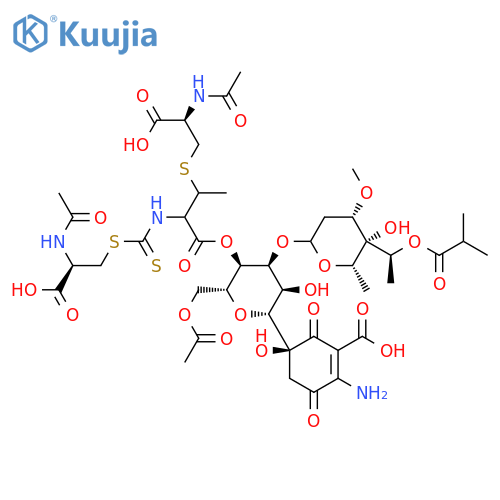 L-Cysteine, N-acetyl-,[2-[[2-(acetylamino)-2-carboxyethyl]thio]-1-carboxypropyl]carbamodithioate(ester), 1'&reg;4'-ester with5-[6-O-acetyl-3-O-[2,6-dideoxy-3-O-methyl-4-C-[1-(2-methyl-1-oxopropoxy)ethyl]-a-L-lyxo-hexopyranosyl]-b-D-allopyranosyl]-2-amino-5-hydroxy-3,6-dioxo-1-cyclohexene-1-carboxylicacid (9CI) structure