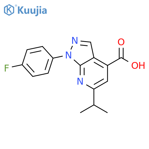 1-(4-fluorophenyl)-6-(propan-2-yl)-1H-pyrazolo3,4-bpyridine-4-carboxylic acid structure