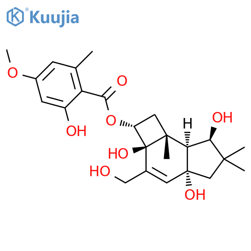 Benzoic acid, 2-hydroxy-4-methoxy-6-methyl-, (2R,2aS,4aR,7R,7aS,7bR)-2,2a,4a,5,6,7,7a,7b-octahydro-2a,4a,7-trihydroxy-3-(hydroxymethyl)-6,6,7b-trimethyl-1H-cyclobut[e]inden-2-yl ester structure