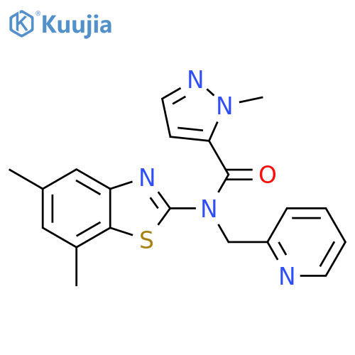 N-(5,7-dimethyl-1,3-benzothiazol-2-yl)-1-methyl-N-[(pyridin-2-yl)methyl]-1H-pyrazole-5-carboxamide structure