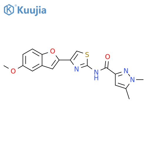 N-[4-(5-methoxy-1-benzofuran-2-yl)-1,3-thiazol-2-yl]-1,5-dimethyl-1H-pyrazole-3-carboxamide structure