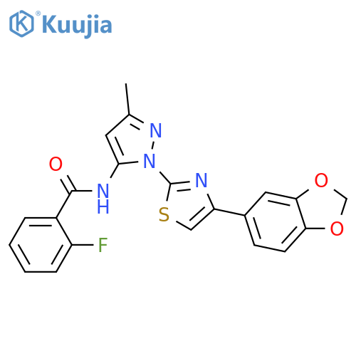 N-{1-[4-(2H-1,3-benzodioxol-5-yl)-1,3-thiazol-2-yl]-3-methyl-1H-pyrazol-5-yl}-2-fluorobenzamide structure