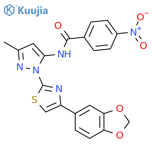 N-{1-[4-(2H-1,3-benzodioxol-5-yl)-1,3-thiazol-2-yl]-3-methyl-1H-pyrazol-5-yl}-4-nitrobenzamide structure