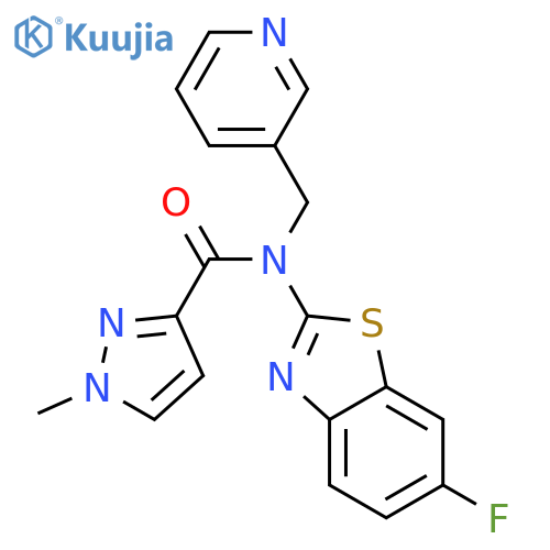 N-(6-fluoro-1,3-benzothiazol-2-yl)-1-methyl-N-[(pyridin-3-yl)methyl]-1H-pyrazole-3-carboxamide structure