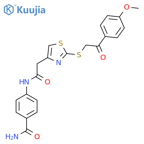 4-[2-(2-{[2-(4-methoxyphenyl)-2-oxoethyl]sulfanyl}-1,3-thiazol-4-yl)acetamido]benzamide structure