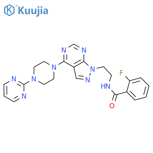 2-fluoro-N-(2-{4-[4-(pyrimidin-2-yl)piperazin-1-yl]-1H-pyrazolo[3,4-d]pyrimidin-1-yl}ethyl)benzamide structure
