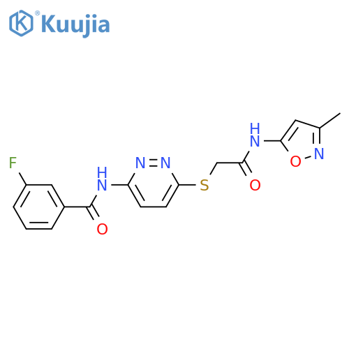 3-fluoro-N-[6-({[(3-methyl-1,2-oxazol-5-yl)carbamoyl]methyl}sulfanyl)pyridazin-3-yl]benzamide structure