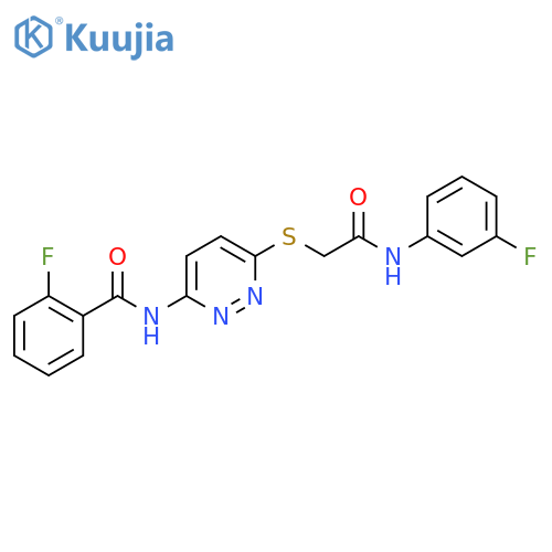 2-fluoro-N-[6-({[(3-fluorophenyl)carbamoyl]methyl}sulfanyl)pyridazin-3-yl]benzamide structure