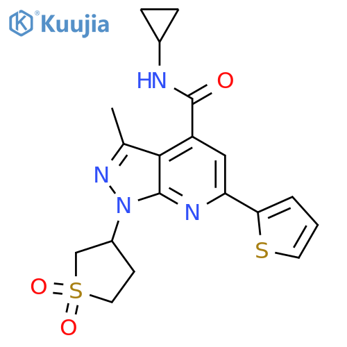 N-cyclopropyl-1-(1,1-dioxo-1lambda6-thiolan-3-yl)-3-methyl-6-(thiophen-2-yl)-1H-pyrazolo[3,4-b]pyridine-4-carboxamide structure