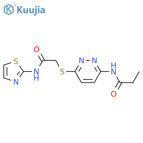 N-[6-({[(1,3-thiazol-2-yl)carbamoyl]methyl}sulfanyl)pyridazin-3-yl]propanamide structure