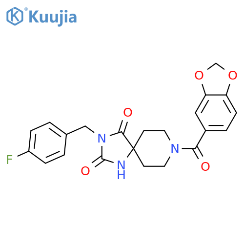 8-(2H-1,3-benzodioxole-5-carbonyl)-3-[(4-fluorophenyl)methyl]-1,3,8-triazaspiro[4.5]decane-2,4-dione structure