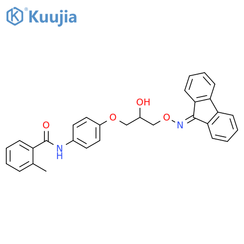 N-[4-(3-{[(9H-fluoren-9-ylidene)amino]oxy}-2-hydroxypropoxy)phenyl]-2-methylbenzamide structure