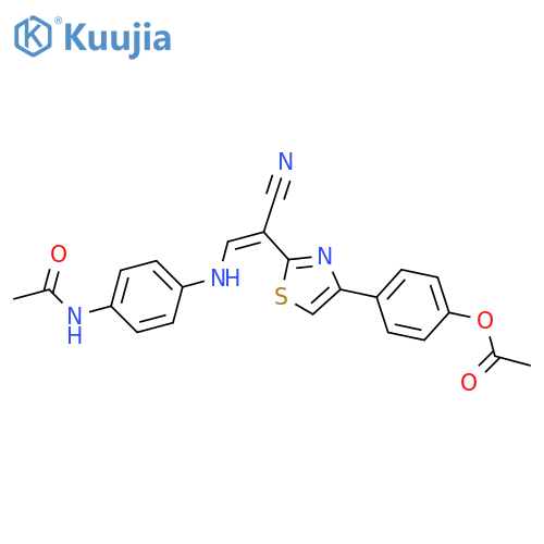 4-{2-[(1Z)-1-cyano-2-[(4-acetamidophenyl)amino]eth-1-en-1-yl]-1,3-thiazol-4-yl}phenyl acetate structure