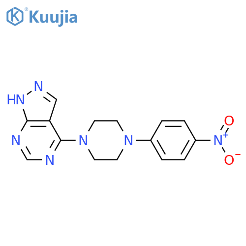 1-(4-nitrophenyl)-4-{1H-pyrazolo[3,4-d]pyrimidin-4-yl}piperazine structure
