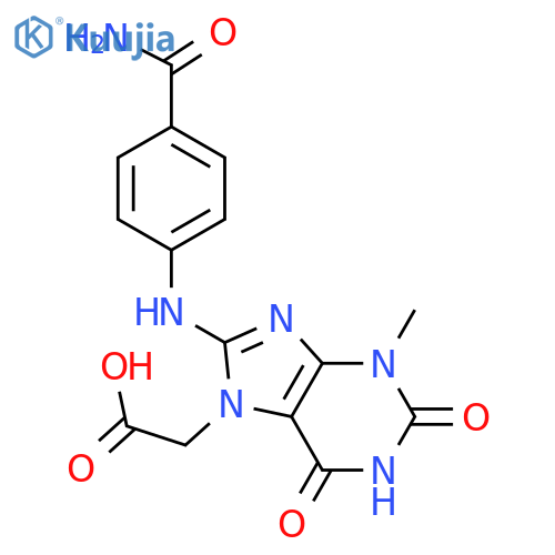 2-{8-[(4-carbamoylphenyl)amino]-3-methyl-2,6-dioxo-2,3,6,7-tetrahydro-1H-purin-7-yl}acetic acid structure