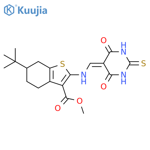methyl 6-tert-butyl-2-{[(4,6-dioxo-2-sulfanylidene-1,3-diazinan-5-ylidene)methyl]amino}-4,5,6,7-tetrahydro-1-benzothiophene-3-carboxylate structure