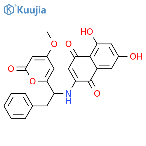 5,7-Dihydroxy-2-[[1-(4-methoxy-2-oxo-2H-pyran-6-yl)-2-phenylethyl]amino]-1,4-naphthoquinone; (+)-form structure