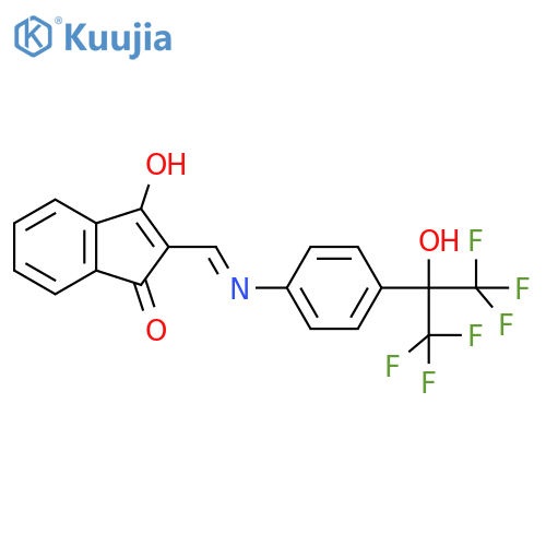 2-(((4-(2,2,2-Trifluoro-1-hydroxy-1-(trifluoromethyl)ethyl)phenyl)amino)methylene)indane-1,3-dione structure