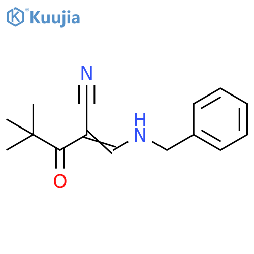 (2Z)-2-[(benzylamino)methylidene]-4,4-dimethyl-3-oxopentanenitrile structure