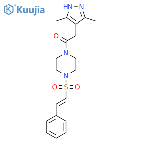 2-(3,5-dimethyl-1H-pyrazol-4-yl)-1-[4-(2-phenylethenesulfonyl)piperazin-1-yl]ethan-1-one structure