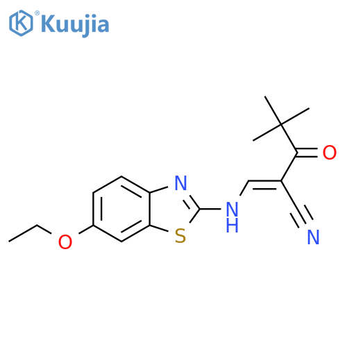 (2E)-2-{[(6-ethoxy-1,3-benzothiazol-2-yl)amino]methylidene}-4,4-dimethyl-3-oxopentanenitrile structure