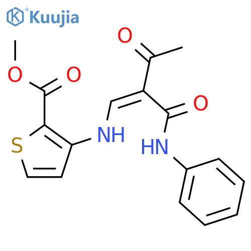 methyl 3-{[(1Z)-2-acetyl-2-(phenylcarbamoyl)eth-1-en-1-yl]amino}thiophene-2-carboxylate structure