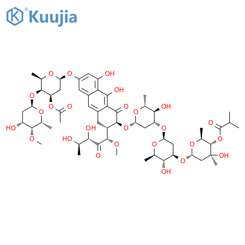 D-threo-2-Pentulose,1-C-[(2S,3S)-7-[[3-O-acetyl-2,6-dideoxy-4-O-(2,6-dideoxy-4-O-methyl-a-D-lyxo-hexopyranosyl)-b-D-lyxo-hexopyranosyl]oxy]-3-[[O-2,6-dideoxy-3-C-methyl-4-O-(2-methyl-1-oxopropyl)-a-L-arabino-hexopyranosyl-(1&reg;3)-O-2,6-dideoxy-b-D-arabino-hexopyranosyl-(1&reg;3)-2,6-dideoxy-b-D-arabino-hexopyranosyl]oxy]-1,2,3,4-tetrahydro-5,10-dihydroxy-4-oxo-2-anthracenyl]-5-deoxy-1-O-methyl-(9CI) structure