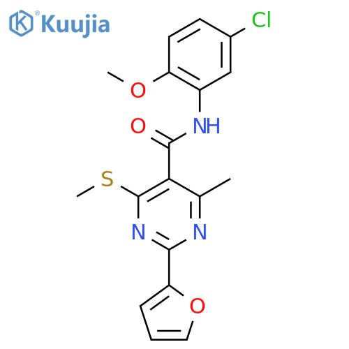 N-(5-chloro-2-methoxyphenyl)-2-(furan-2-yl)-4-methyl-6-(methylsulfanyl)pyrimidine-5-carboxamide structure