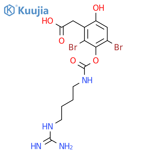 (2,4-dibromo-3-(((4-carbamimidamidobutyl)carbamoyl)oxy)-6-hydroxyphenyl)acetic acid structure