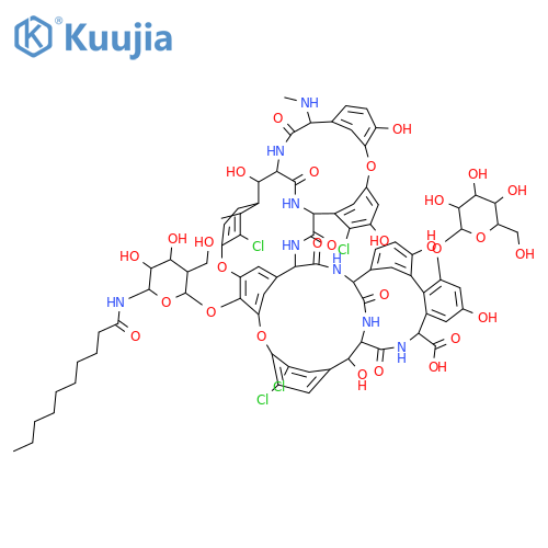 Ristomycin A aglycone,5,22,31,55-tetrachloro-7-demethyl-64-O-demethyl-56-O-[2-deoxy-2-[(1-oxodecyl)amino]-b-D-glucopyranosyl]-42-O-a-D-mannopyranosyl-N15-methyl-(9CI) structure