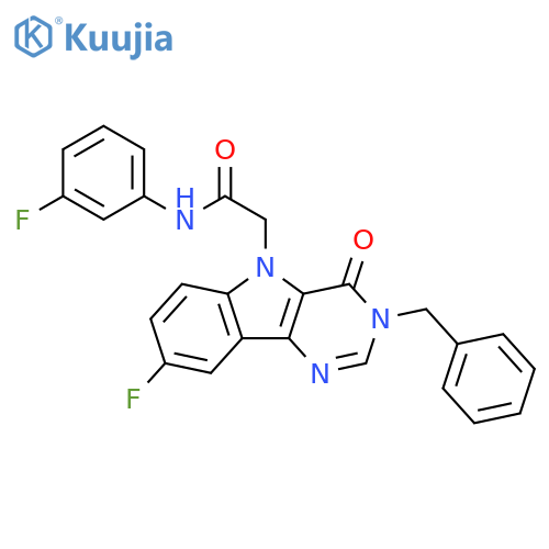 2-{3-benzyl-8-fluoro-4-oxo-3H,4H,5H-pyrimido[5,4-b]indol-5-yl}-N-(3-fluorophenyl)acetamide structure