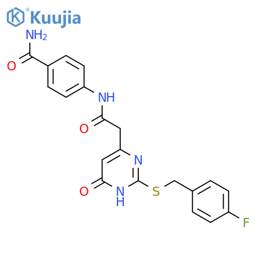 4-[2-(2-{[(4-fluorophenyl)methyl]sulfanyl}-6-oxo-1,6-dihydropyrimidin-4-yl)acetamido]benzamide structure