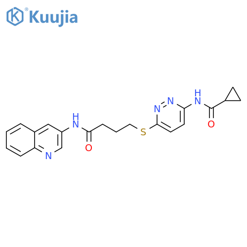 N-[6-({3-[(quinolin-3-yl)carbamoyl]propyl}sulfanyl)pyridazin-3-yl]cyclopropanecarboxamide structure