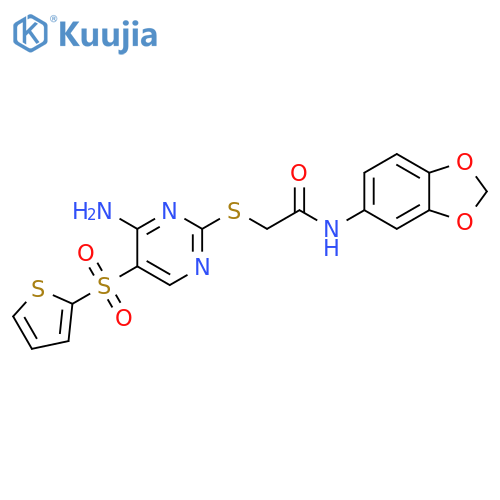 2-{[4-amino-5-(thiophene-2-sulfonyl)pyrimidin-2-yl]sulfanyl}-N-(2H-1,3-benzodioxol-5-yl)acetamide structure