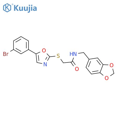 N-[(2H-1,3-benzodioxol-5-yl)methyl]-2-{[5-(3-bromophenyl)-1,3-oxazol-2-yl]sulfanyl}acetamide structure