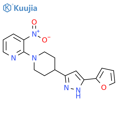 2-{4-[5-(furan-2-yl)-1H-pyrazol-3-yl]piperidin-1-yl}-3-nitropyridine structure