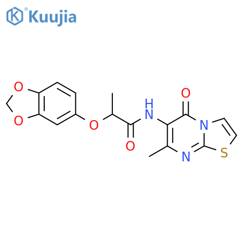 2-(2H-1,3-benzodioxol-5-yloxy)-N-{7-methyl-5-oxo-5H-[1,3]thiazolo[3,2-a]pyrimidin-6-yl}propanamide structure